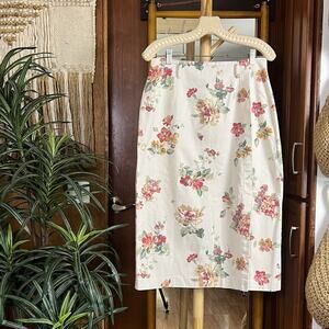 Vintage 90s Talbots Floral Midi Skirt 14P Petite Ivory Cotton Garden Cottagecore